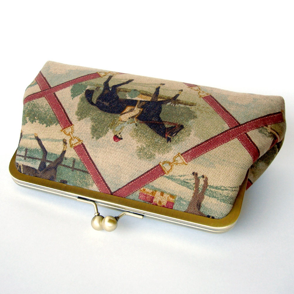 Kisslock Frame Clutch Silk Lined Jockey and Horse in Cordova Brown Royal Ascot Races Bridesmaid Bride Wedding Gifts Preppy