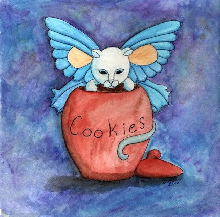 Fairy Cat Original Fantasy Watercolor Painting - Cookie Thief