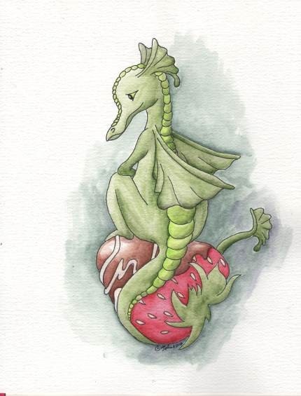 Strawberry Dragon Original Fantasy Watercolor Painting