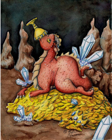 Dragon Hatchling with Treasure Original Watercolor