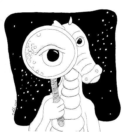 Dragon with Magnifying Glass Illustration Pen and Ink 8x8 inches