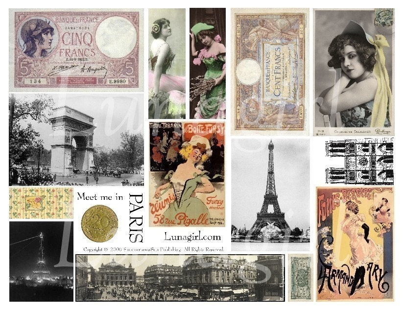 PARIS collage sheet DOWNLOAD vintage images photos women French ephemera altered art Eiffel Tower travel romantic