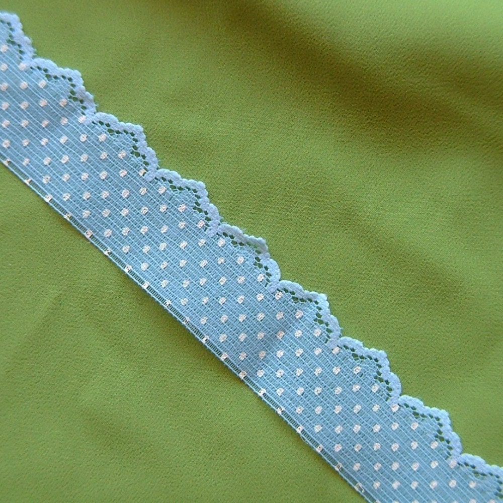 DIY  Blue Trim with Lacy Edge and Printed White Polka Dots 3yd