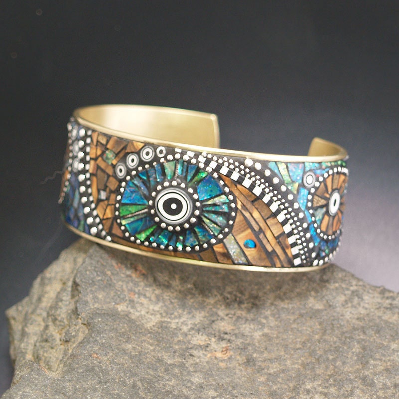 Mosaic Brass Cuff Bracelet with polymer clay inlay, Faux Wood and Sterling Silver