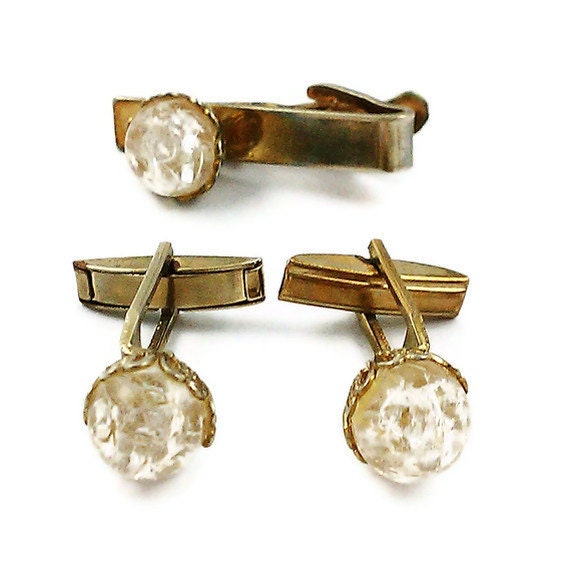 Vintage Crackle Glass Cuff Links and Tie Clip