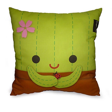 Decorative Pillow, Deluxe Pillow, Throw Pillow, Kawaii Print, Toy Pillow, Eco-Friendly Printed on Cotton Fabric - Cuddly Cactus