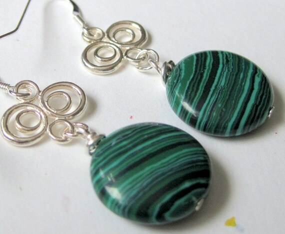 VALENTINE SALE Four Leaf Clovers - Malachite and Sterling Silver Earrings