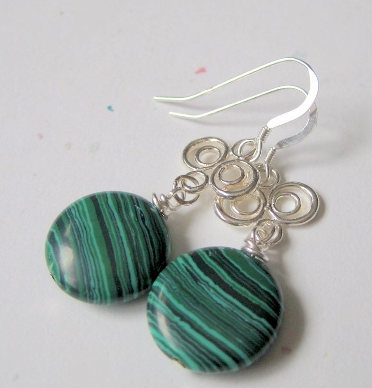 VALENTINE SALE Four Leaf Clovers - Malachite and Sterling Silver Earrings