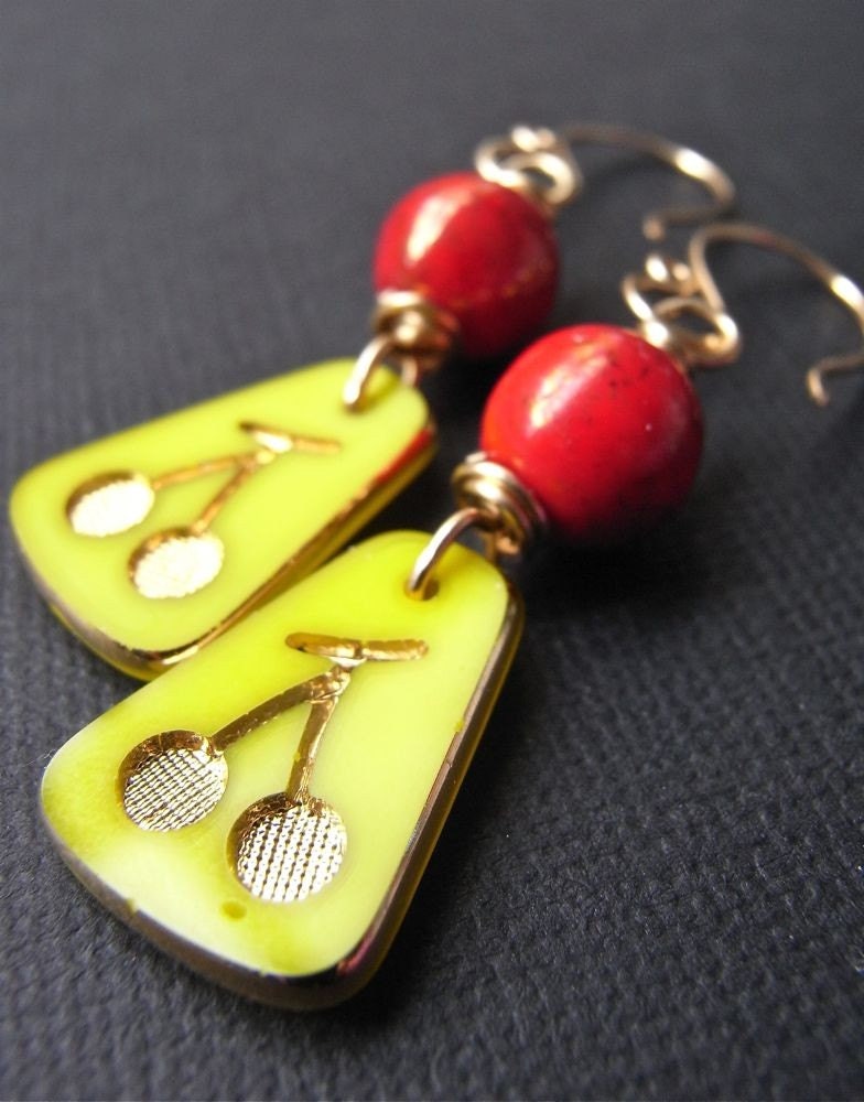On Sale - Earrings - goldfill, vintage glass, cherry red, yellow, hand forged, retro - Atomic Cherry  (( last pair ))