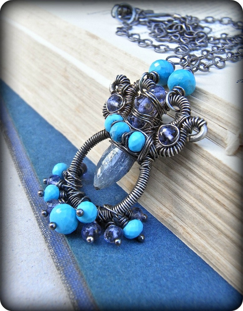 Necklace - sterling silver, oxidised, turquoise, iolite, sapphire, gemstone, wire wrapped necklace - Talisman