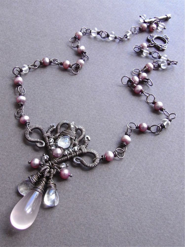 Necklace - sterling silver, oxidised, moonstone, rose quartz, white topaz, freshwater pearl, Balinese silver, wire wrapped, pendant, ornate, luxurious, art jewellery - Madame de Tourvel