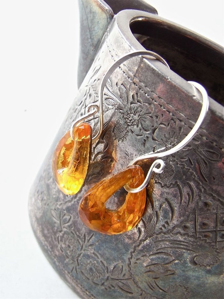 Earrings - sterling silver, vintage glass, teardrop, hoop, topaz - Aine