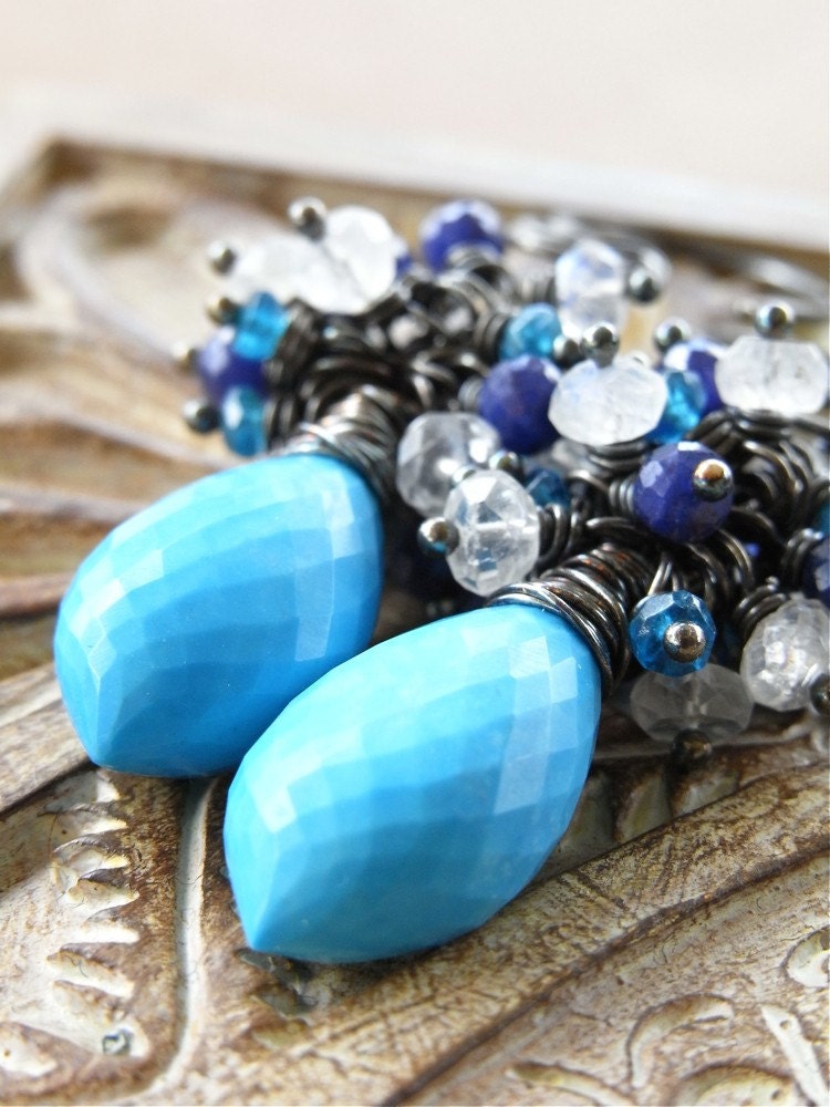On Sale - Earrings - turquoise, sterling silver, oxidised, apatite, sapphire, moonstone - Castaway