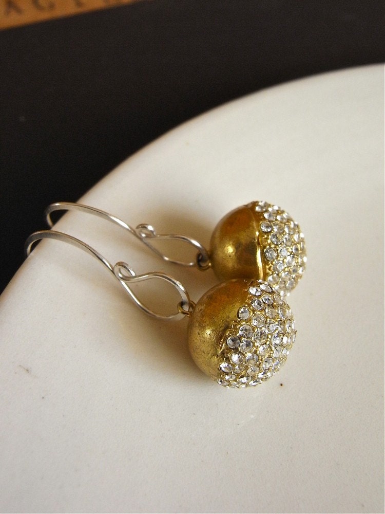 Earrings - sterling silver, vintage rhinestone, brass - Shimmer