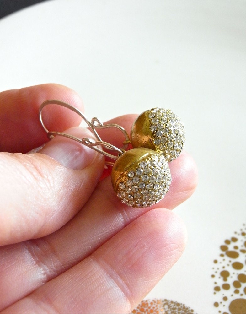 Earrings - sterling silver, vintage rhinestone, brass - Shimmer