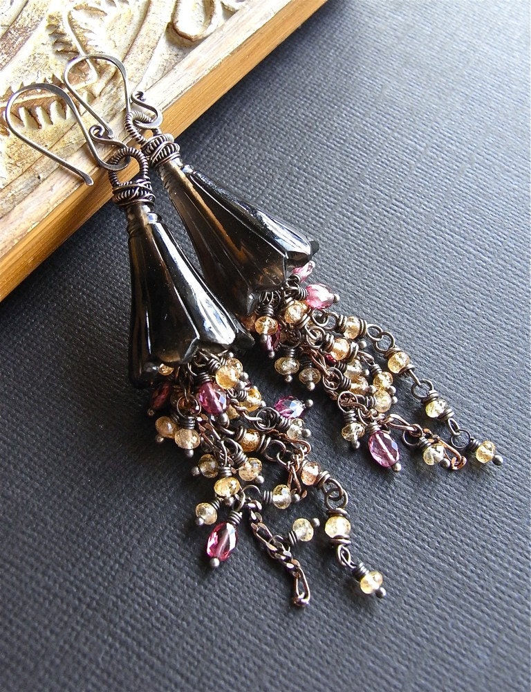 RESERVED for DA - Earrings - rubelite garnet, imperial topaz, smoky quartz, oxidised, sterling silver - Honeysuckle