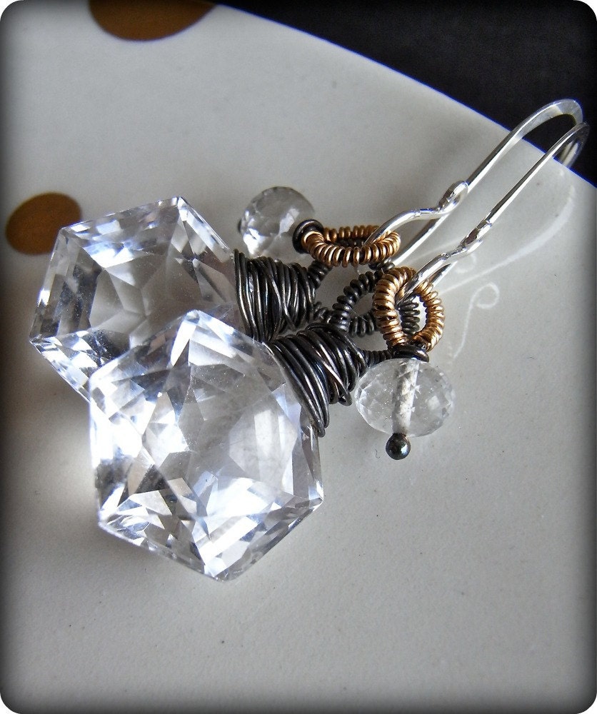Earrings - sterling silver, oxidised, rock crystal quartz, goldfill, white topaz - Lilianna