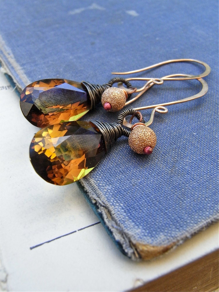 Earrings - sterling silver, oxidised, ametrine, rose gold, copper, luxe gemstone - Jaggery