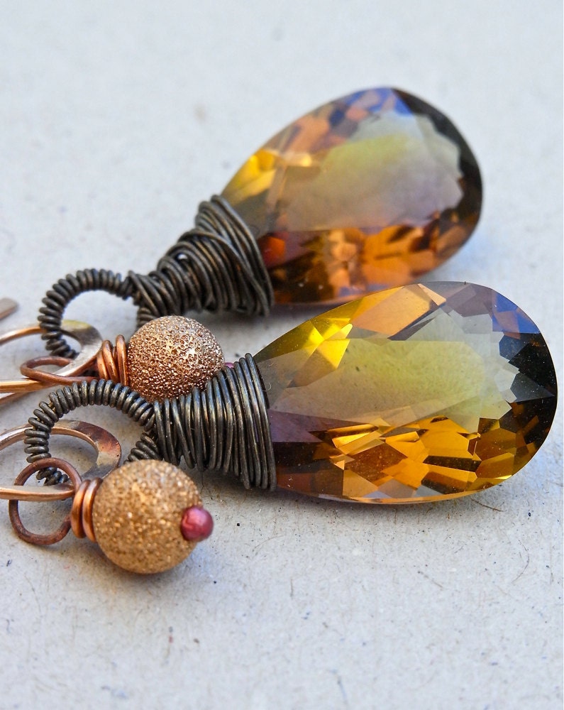Earrings - sterling silver, oxidised, ametrine, rose gold, copper, luxe gemstone - Jaggery