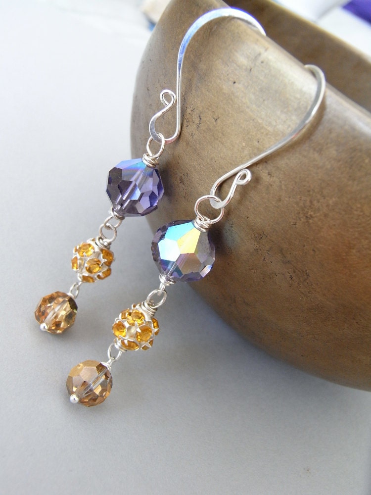 Earrings - vintage Swarovski crystal, modern crystal, sterling silver - Gilded Pansy