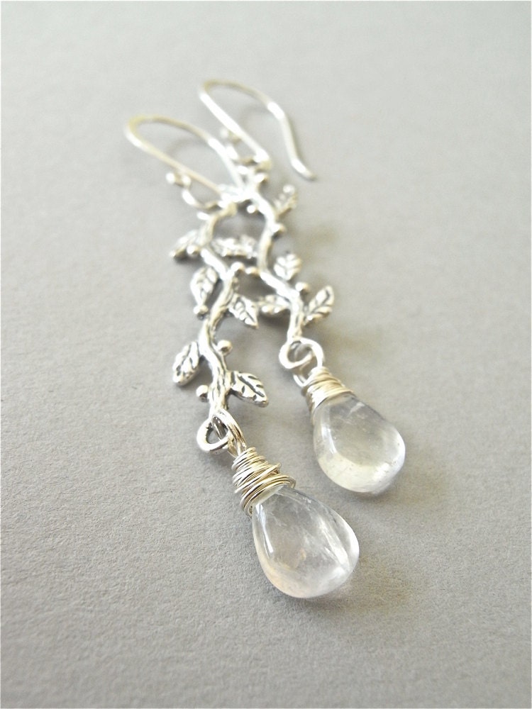 Earrings - sterling silver, moonstone, briolette, slender, branch design - Ceridwen