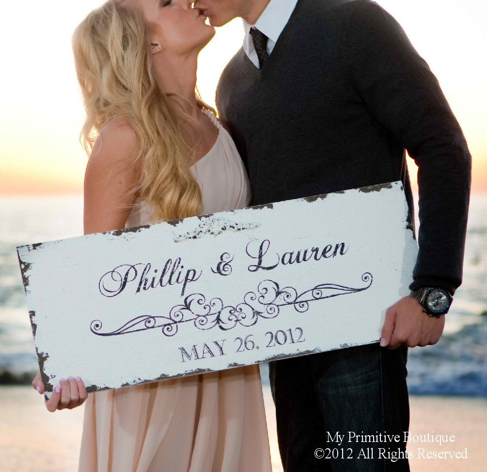 Vintage SAVE THE DATE Sign, Wedding Sign, Anniversary Sign, House Warming Gift, Custom Name Sign, 30x12, Shabby Chic Sign, Roses