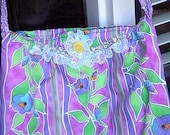 Lavendar Green Gold Zippered Lined Tote Purse Summer Floral Handbag - FREE ship