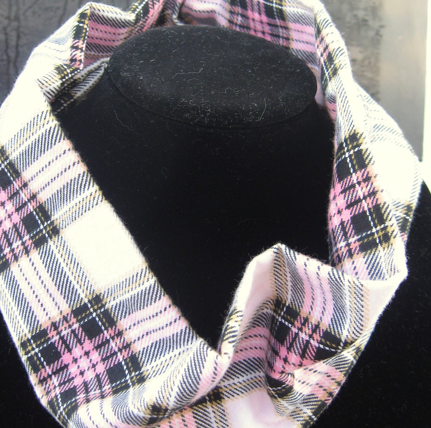 single loop Infinity  circle Cowl Scarf cotton flannel plaid pink sale