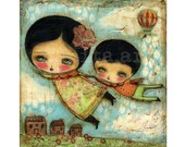 Flying Together - Print from Original Mixed Media Collage Painting By Danita - (8x8 Inches)