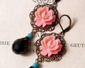Vintage Style Earrings Hot Pink Resin Rose