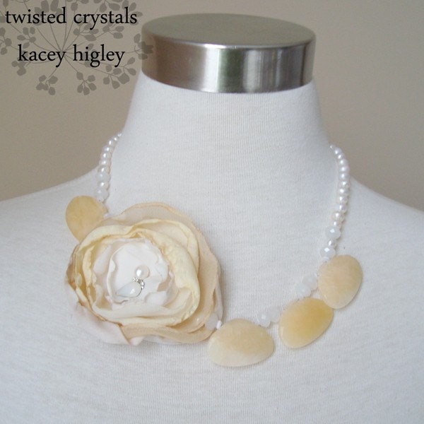 One of a kind necklace. Fresh water pearls, Swarovski, yellow jade and creamy yellow cloth flower necklace in Sterling.