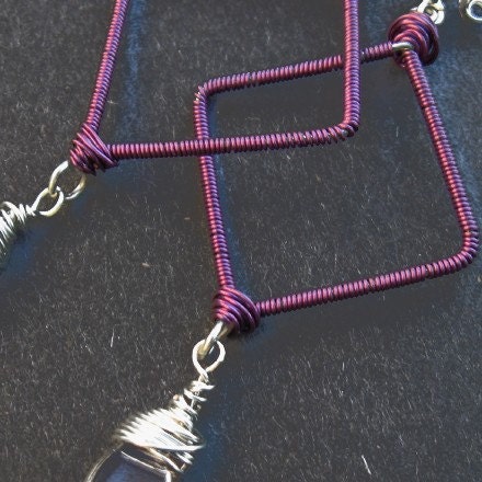 WIre Coiled Earrings Big Purple Diamond Shapes