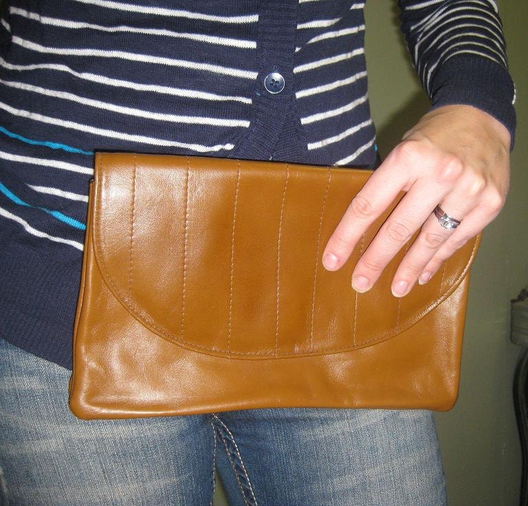 Vintage Brown Leather Look PURSE CLUTCH, with Shoulder Strap, Vegan Spring Accessories Women