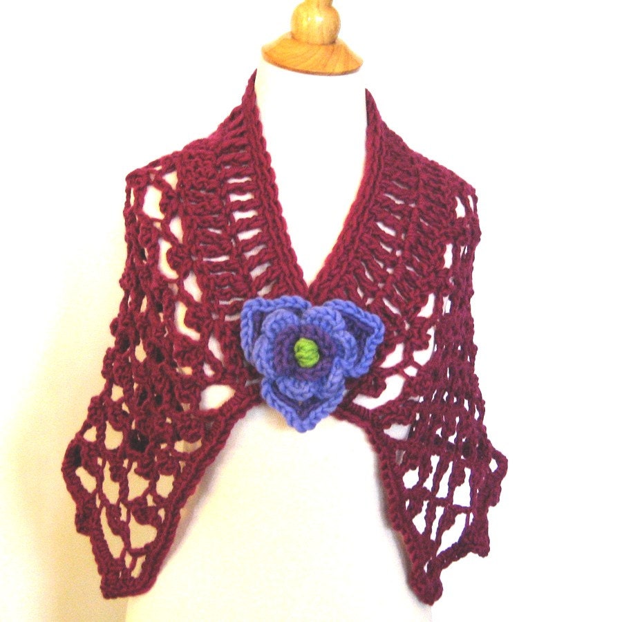 Crochet Shawl Wrap Cape Ruby Burgundy Wine Alpaca Lace with Purple Flower Brooch Valentine Gift