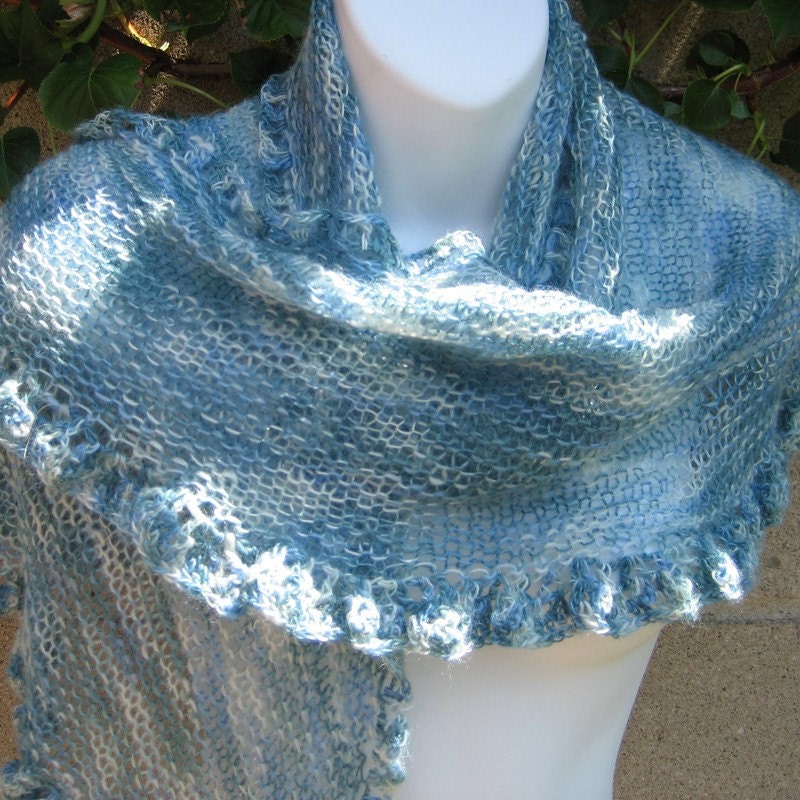 Blue Skies Knit Shawl Wrap -  Pastel Crochet Wool Lace Ruffles - Bridal Wedding Something Blue