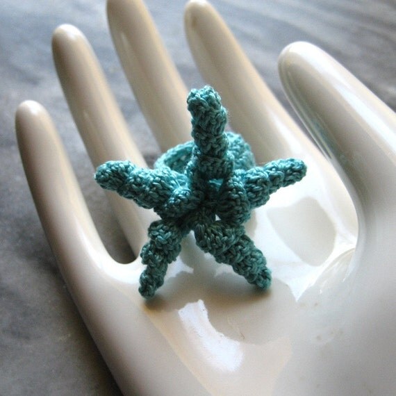 Starfish Ring - Crocheted Cotton - Turquoise Jewelry