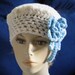 Cream Merino Crochet Tam Beret Hat with Blue Flower Brooch