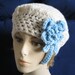 Cream Merino Crochet Tam Beret Hat with Blue Flower Brooch