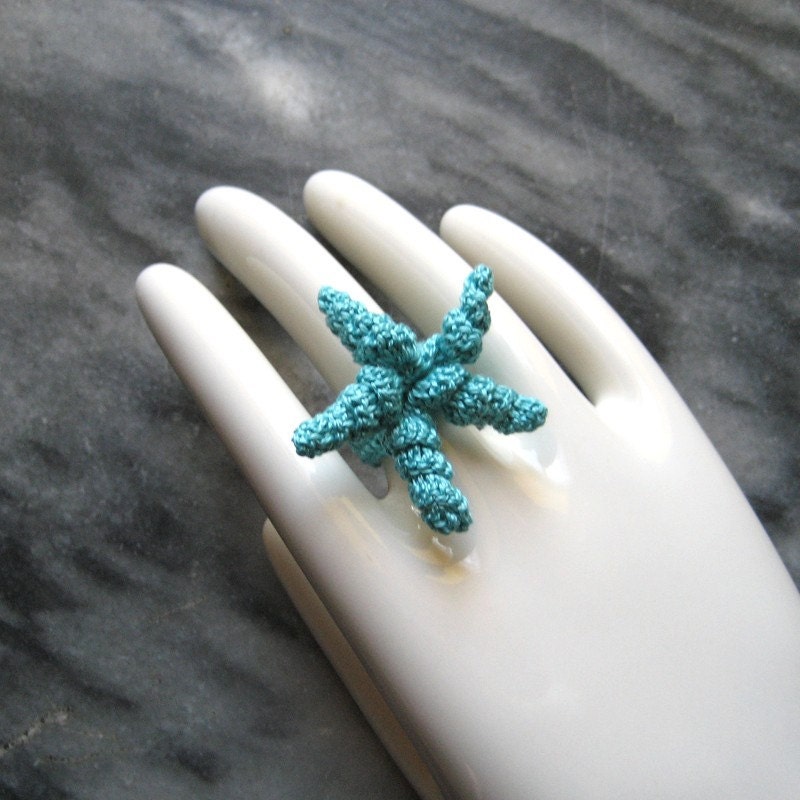 Starfish Ring - Crocheted Cotton - Turquoise Jewelry