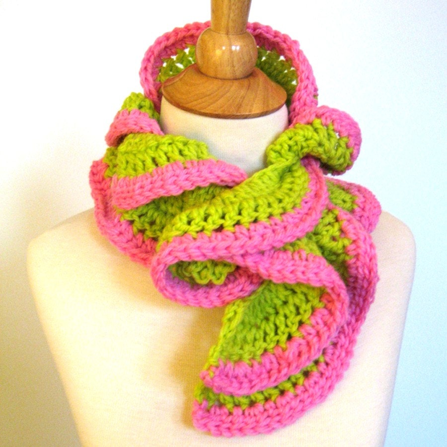Twirly Crocheted Wrap Scarf in Lime Hot Pink Neon Spring Colors