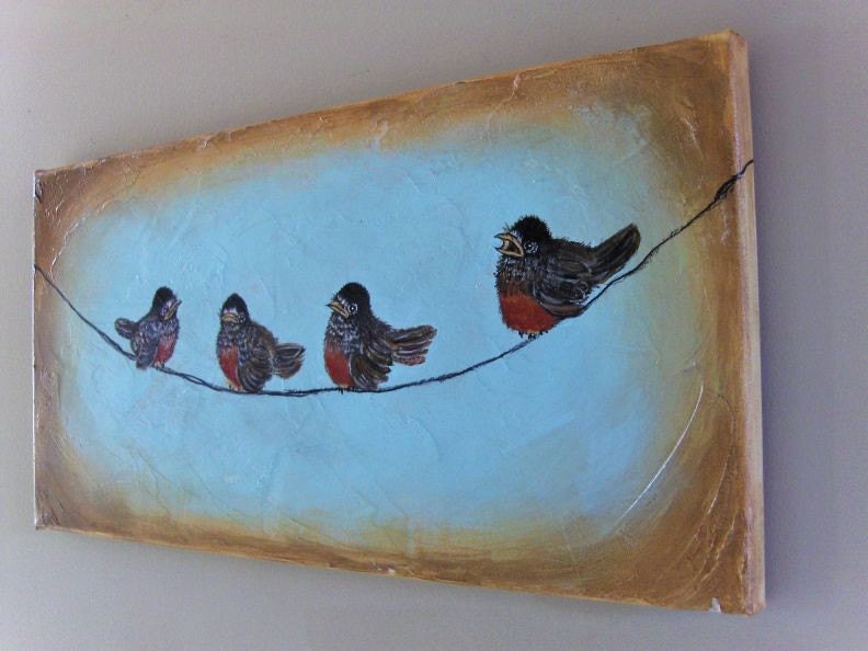 Robins Row  - Adorable Baby Robins Hangin On a String - Robins Egg Blue Textured  Background