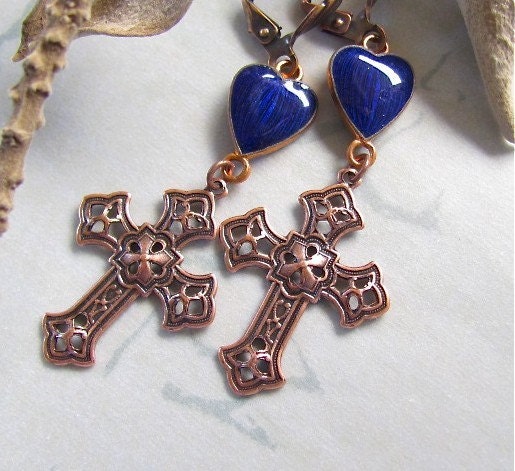 Heart Earrings Vintage Heart French Enamel Cross Copper Twilight Wedding Breaking Dawn