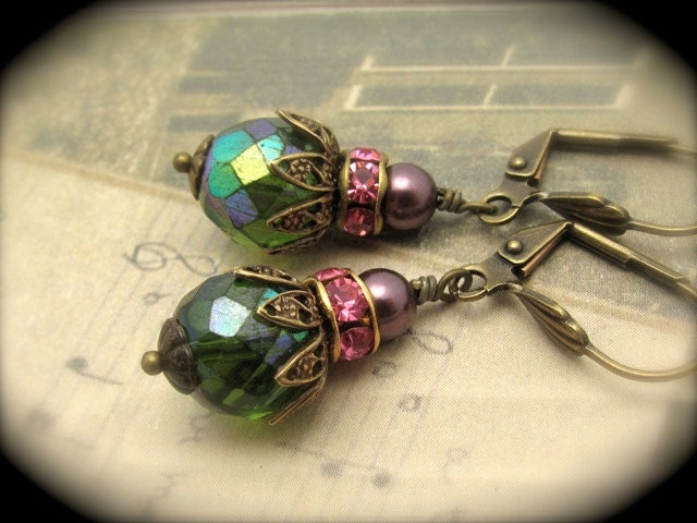 Green Earrings Vintage Glass Rose Pink Crystal Swarovski Pearls Antiqued Golden Vintage Beads Vintage Style Hawaii Beads