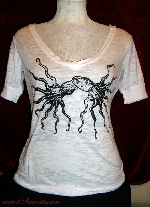 1AEON burnout deep v neck white shirt with black kissing octopuses- womens L
