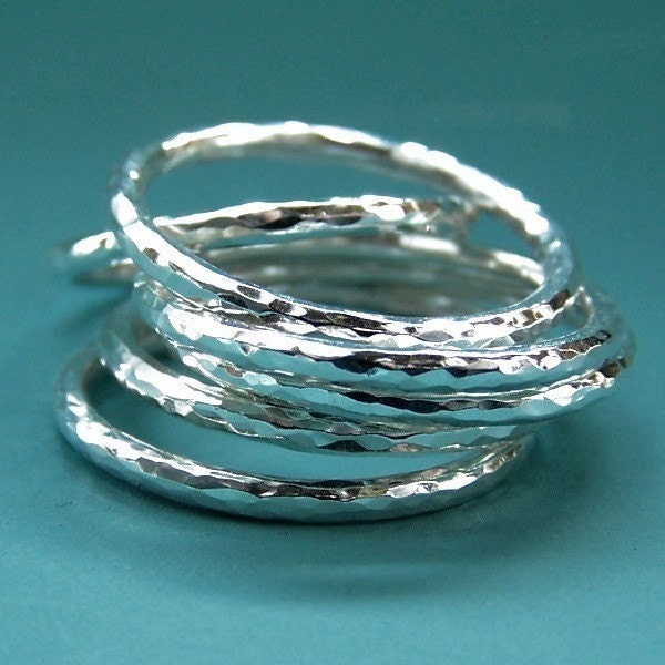 Sterling Silver Stacking Ring Set - Hand Hammered - Set of  Six