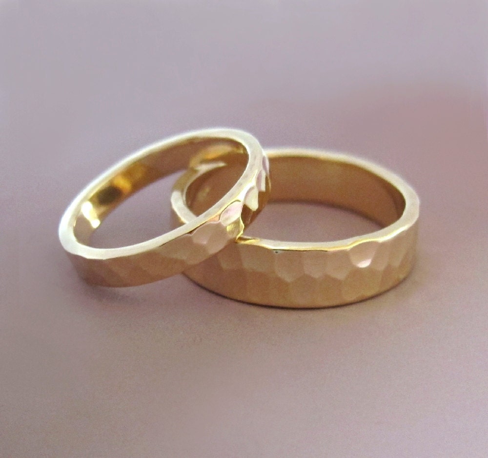 14k Yellow Gold Wedding Ring Set of Two - Hand Hammered Recycled Gold - 3 and 5 mm
