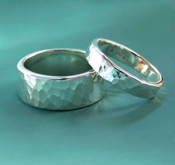 Sterling Silver Hammered Wedding Rings - Hand Hammered Recycled Sterling Silver - Set of Two