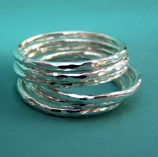 Sterling Silver Stacking Ring Set - Thin Hammered - Set of Six