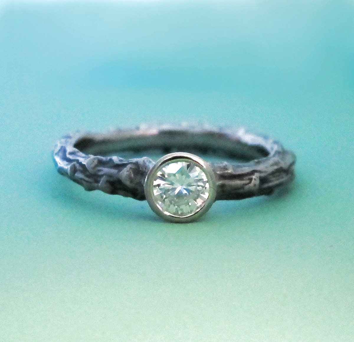 White Gold Twig Engagement Ring - 4.5 mm Moissanite and Recycled 14k Palladium White Gold