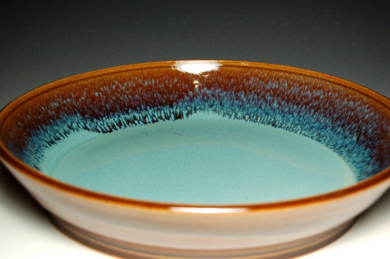Large Pasta Bowl - Pie Plate - Brown and Teal Pottery